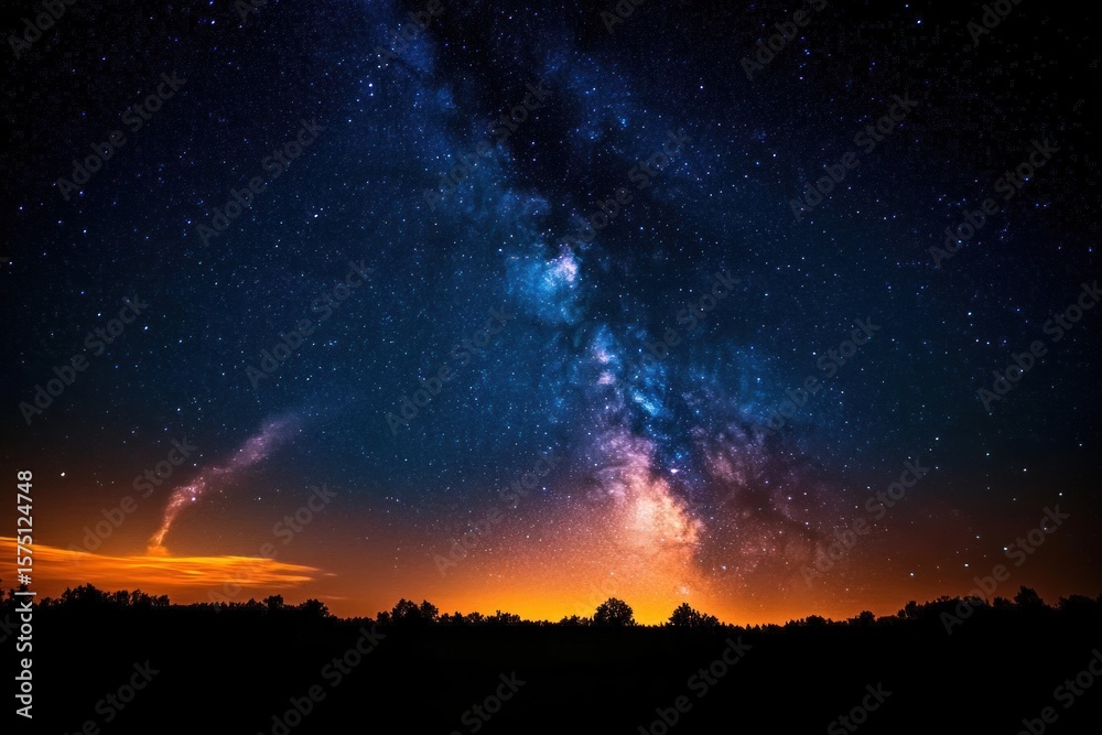Vibrant night sky filled with stars and the bright Milky Way galaxy over dark tree silhouettes with warm orange horizon glow Vibrant night sky filled with stars and the bright Milky Way galaxy over dark tree silhouettes with warm orange horizon glow