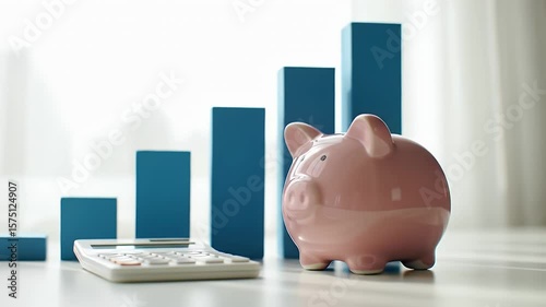 Pink Piggy Bank Standing on White Table with Blue Bar Graph and Calculator in Bright Room Depicting Financial Growth and Savings