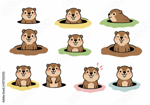 Cute Cartoon Groundhogs and Gophers Peeking Out of Holes Set