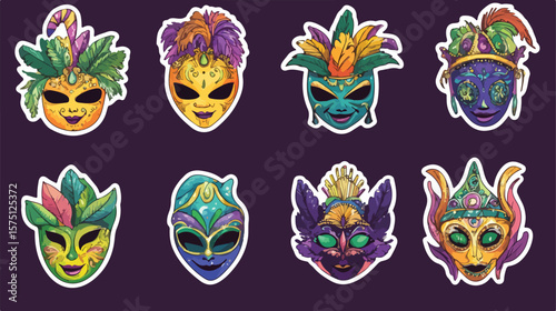 Colorful Mardi Gras Stickers Flat Vector Illustration