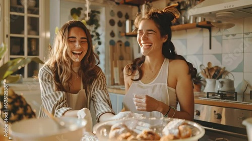 Joyful Baking Session: Two young women sharing a moment of laughter while baking together in a bright and inviting kitchen, captured in a candid moment of friendship and shared joy.