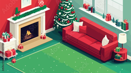 Isometric Festive Living Room with Decorated Christmas Tree