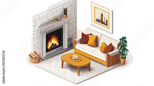 Modern Isometric Furniture Set with Fireplace, Sofa, and Pillows
