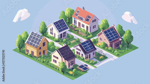 Isometric Houses with Solar Panels and a Garden