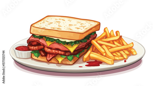 Delicious Meat Sandwich served with Crispy French Fries Vector