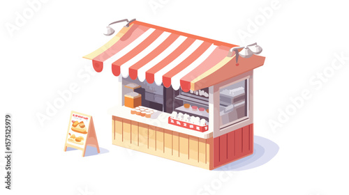 Isometric Market Stall with Red and White Stripes Displaying Colorful Products