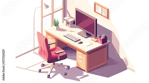 Modern Isometric Office Desk with Monitor and Coffee Cup