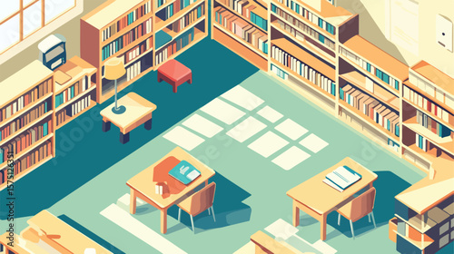 Isometric School Library with Bookshelves and Desk