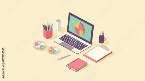 Modern Isometric Office Setup with Laptop and Pie Chart