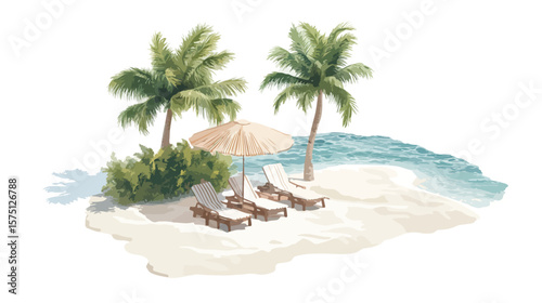 Tropical Sand Beach Isometric View with Sun, Palm Trees, and Ocean