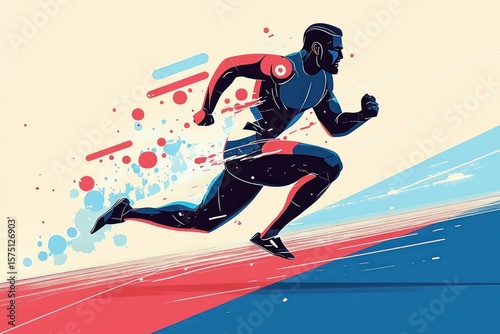 Dynamic abstract illustration of a male runner sprinting fast with motion blur and colorful shapes evoking energy and speed on a stylized track background