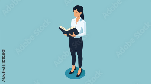Stylish Isometric Woman Standing with Book