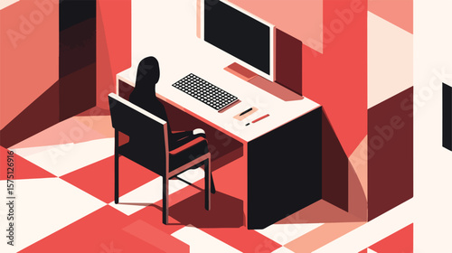 Professional Woman Working at Desk with Monitor in Isometric View