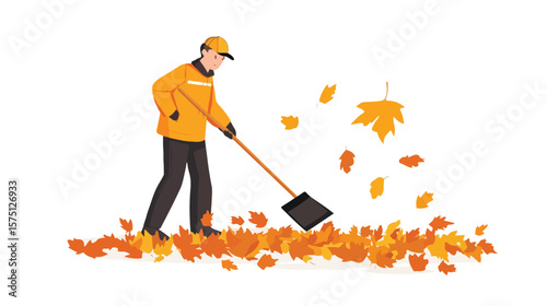 Efficient Janitor Sweeping Fallen Leaves - Professional Cleaning Service Illustration