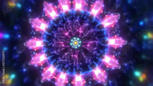 Vibrant kaleidoscope tunnel animation with glowing shapes and psychedelic colors