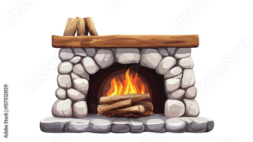 Modern Stone Fireplace with Hot Flame Vector Illustration