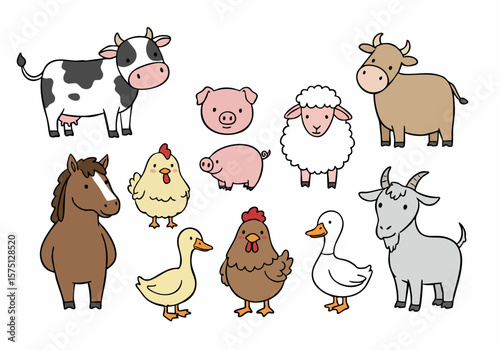 Collection of cute cartoon farm animals including cow, pig, sheep, horse, chickens, ducks, and goat on white background