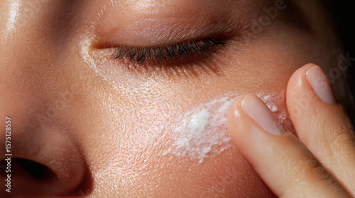 A close-up of a woman applying cream to her face.	A serene, close-up shot of a woman with clean skin gently applying a luxurious white moisturizer to her cheek.
