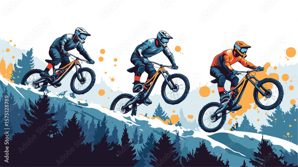 Naklejka premium Professional Mountain Bikers Jumping Over Obstacles Vector Isolated Image