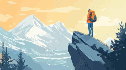 Adventurous Mountain Backpacker Standing on Cliff Exploration