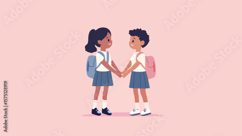 Young School Children Holding Hands Together with Smiles