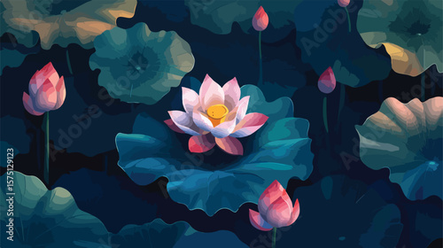 Detailed Realistic Lotus Flower with Leaves in High Resolution