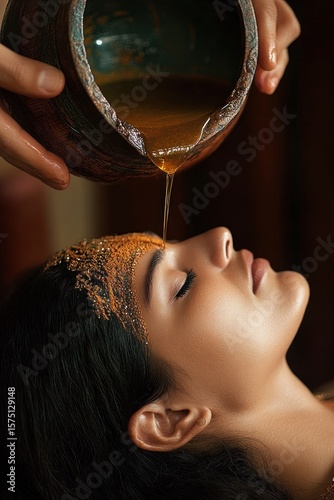 Close-up of a woman receiving a traditional hair treatment with warm oil poured from a rustic pot over her closed eyes and forehead in a serene setting