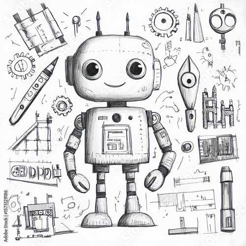 Hand-drawn sketch of a smiling robot surrounded by various mechanical and technical doodles and engineering diagrams on white paper