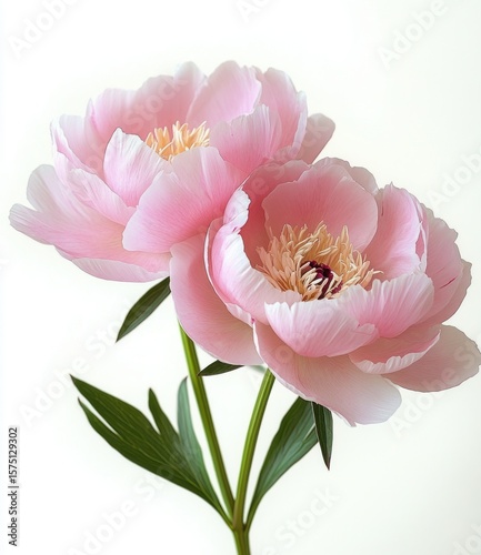 two delicate soft pink peony flowers with layers of petals and green leaves on light background evoking calmness and natural beauty