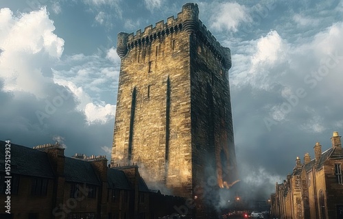 Tall medieval stone tower with battlements surrounded by historic rooftops under a cloudy sky and misty atmosphere