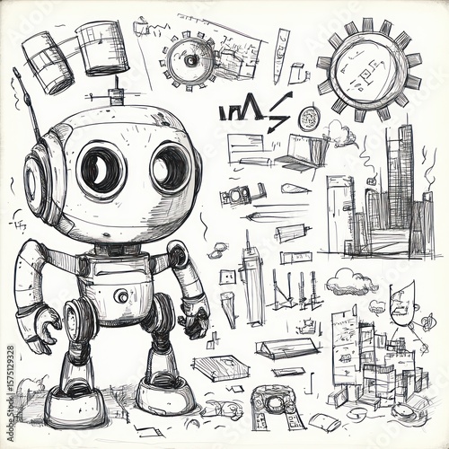A large sketch of a robot with big round eyes and antenna standing among various detailed mechanical parts and architectural concept drawings