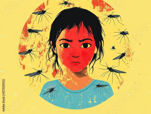 Illustration of a young person with a red face surrounded by mosquitoes, expressing discomfort or distress, on a yellow background