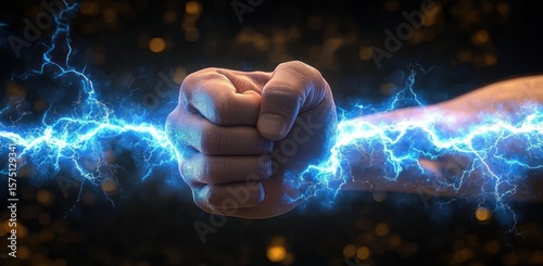 Close-up of a clenched fist surrounded by bright blue electric lightning bolts on a dark background, conveying energy and power