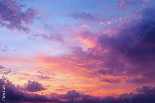 Dramatic sunset sky with vibrant purple, pink, orange, and blue clouds creating a peaceful and awe-inspiring atmosphere