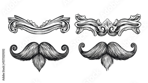 Vintage Black and White Mustache Set in Retro Style Block