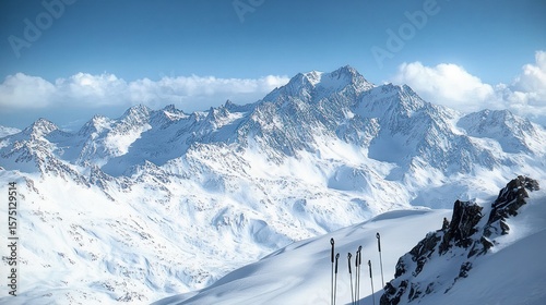 Snow-covered mountain range under clear blue sky with ski poles planted in the snow in the foreground, evoking adventure and serenity
