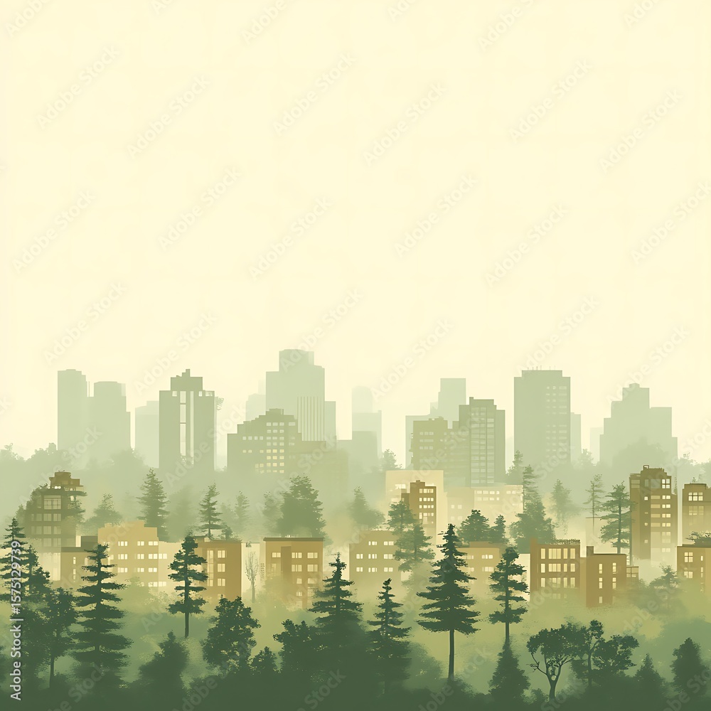 Obraz premium Misty city skyline seen through a tranquil forest.