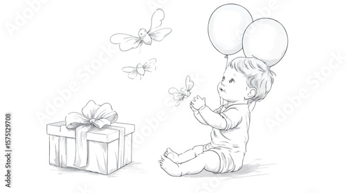 Cute Newborn Baby Playing with Fly Gifts and Balloon