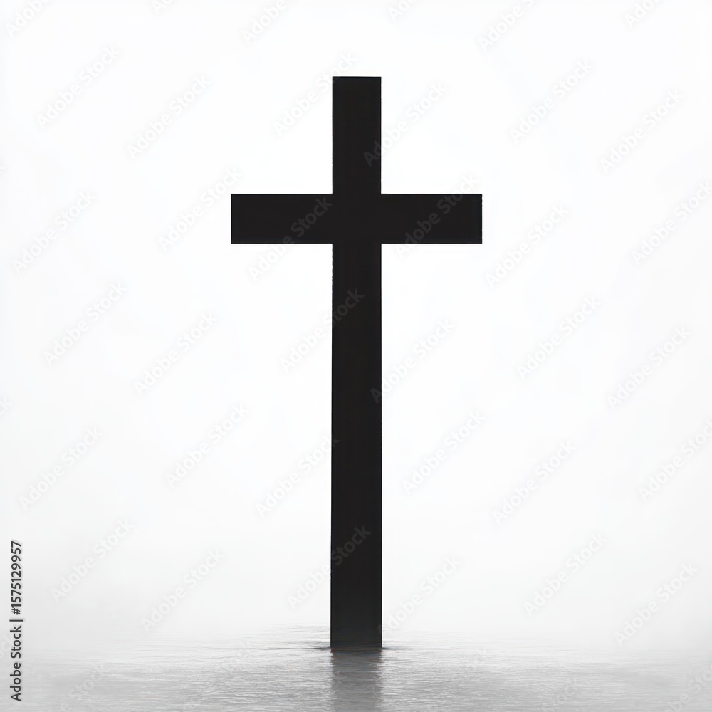 Naklejka premium Silent black cross standing upright in calm water surrounded by dense white mist, evoking feelings of solitude and reflection