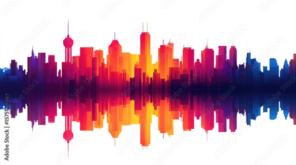 Colorful city skyline reflected in water. Colorful city skyline reflected in water.