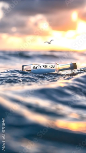 A message in a bottle with happy birthday floating on the ocean at sunset with a bird