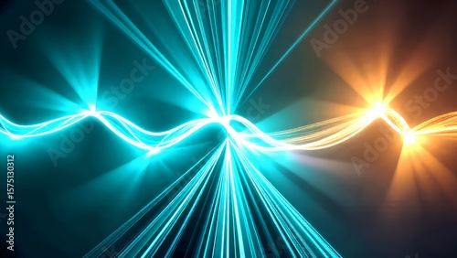 A dynamic abstract image showcasing bright blue and orange light beams intertwining against a dark background.