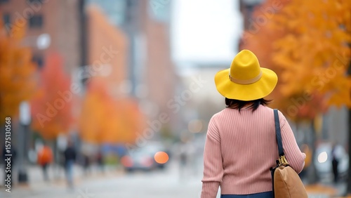 Woman in yellow hat walking down a street with autumn trees in the background view