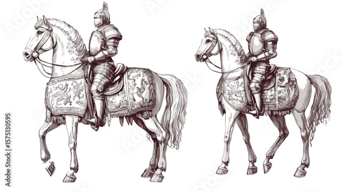 Ancient Russian Knight in Full Armor and Helmet on Horseback