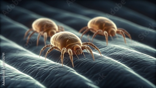 Close up of three dust mites crawling on fabric with detailed textures visible