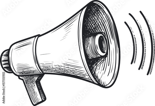 Sketch of a megaphone with sound waves in black and white illustration