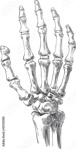 Detailed sketch of human hand bones with realistic shading and fine lines