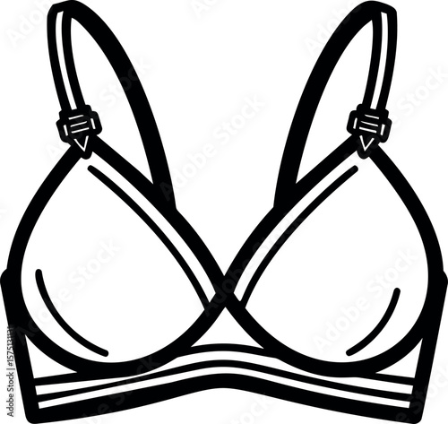Black and white line drawing of a bra with adjustable straps, fashion design