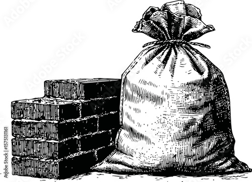 A large sack and a stack of bricks in monochrome illustration