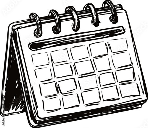 Black and white sketch of a desk calendar with spiral binding